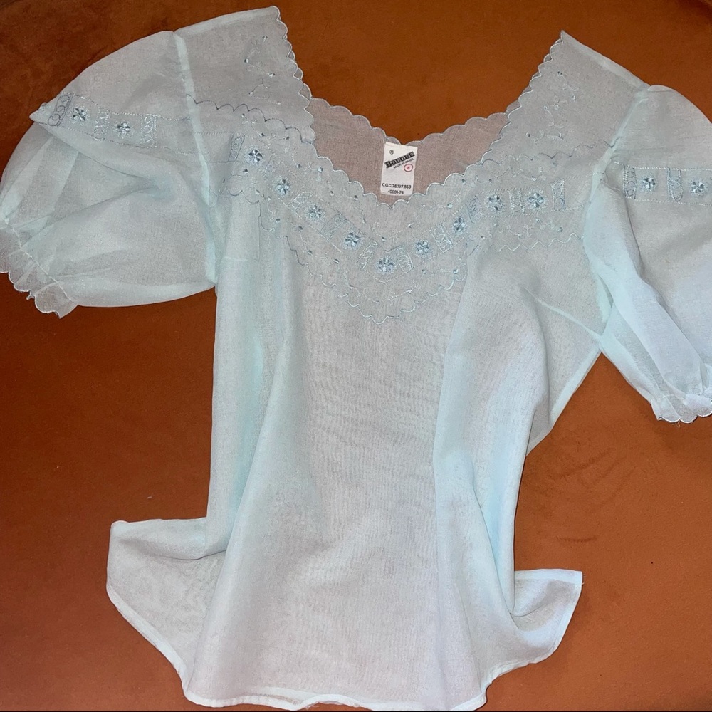 Vintage soft blue sheer embroidered puff sleeve blouse
